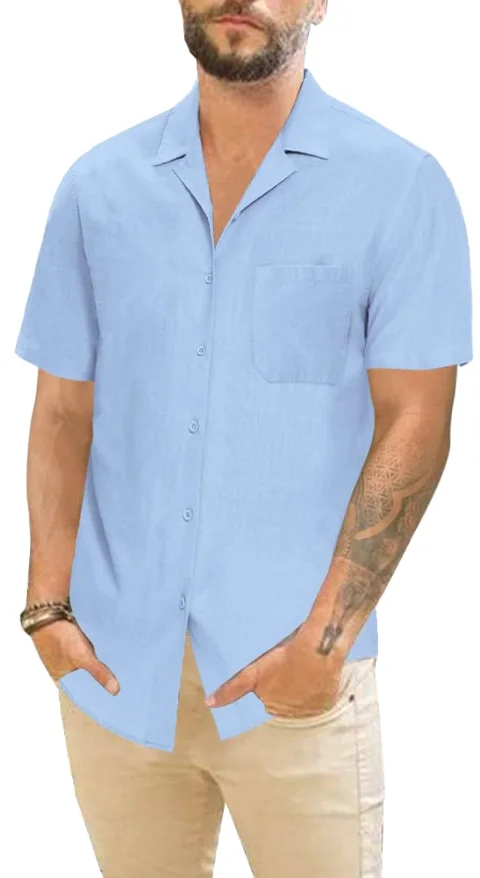 JEKAOYI Men's Camp Collar Pocket Shirt in Blue