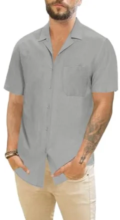 JEKAOYI Men's Camp Collar Pocket Shirt in Grey