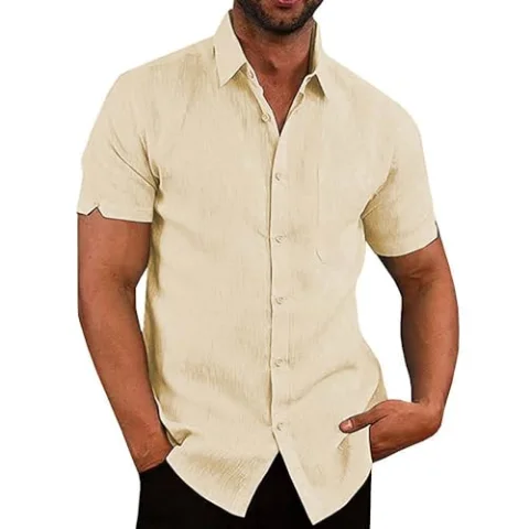 JEKAOYI Men's Cotton-Linen Short Sleeve Shirt in Beige
