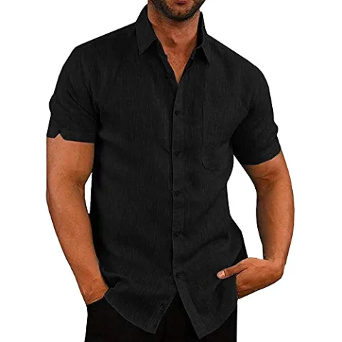 JEKAOYI Men's Cotton-Linen Short Sleeve Shirt in Black