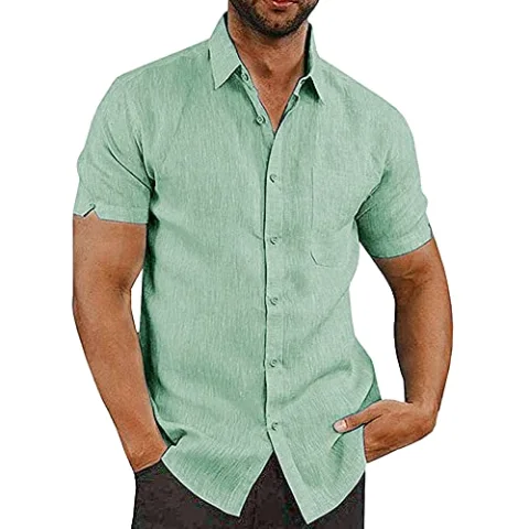 JEKAOYI Men's Cotton-Linen Short Sleeve Shirt in Green