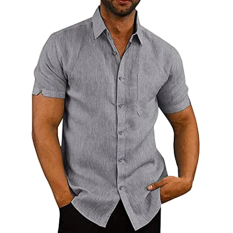 JEKAOYI Men's Cotton-Linen Short Sleeve Shirt in Grey