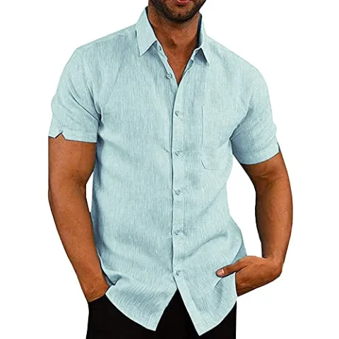 JEKAOYI Men's Cotton-Linen Short Sleeve Shirt in Mint Blue