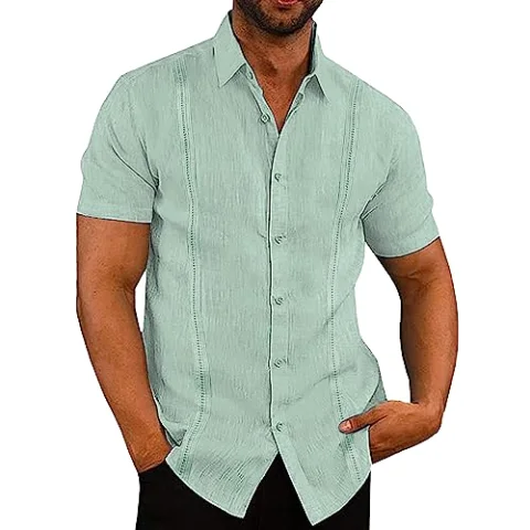 JEKAOYI Men's Cotton-Linen Short Sleeve Shirt in Mint Green