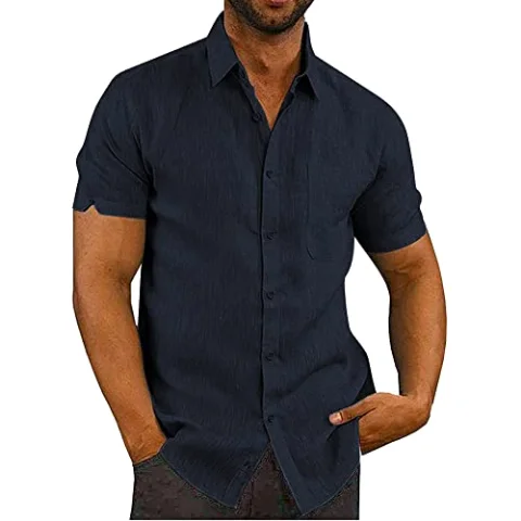 JEKAOYI Men's Cotton-Linen Short Sleeve Shirt in Navy Blue