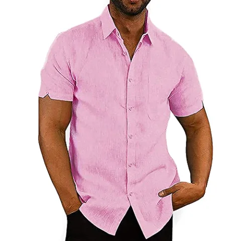 JEKAOYI Men's Cotton-Linen Short Sleeve Shirt in Pink