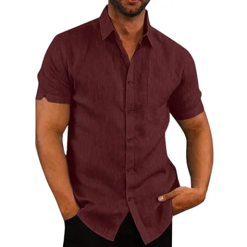 JEKAOYI Men's Cotton-Linen Short Sleeve Shirt in Red Wine