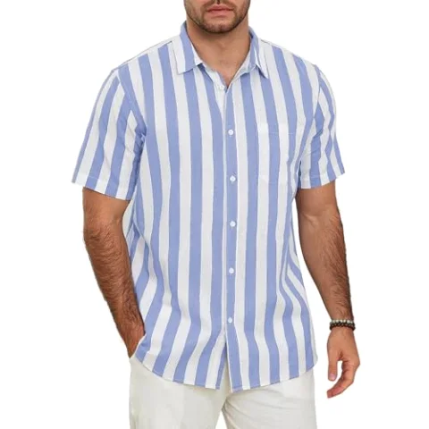 JEKAOYI Men's Cotton-Linen Short Sleeve Shirt in Stripe Blue