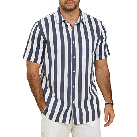 JEKAOYI Men's Cotton-Linen Short Sleeve Shirt in Stripe Grey