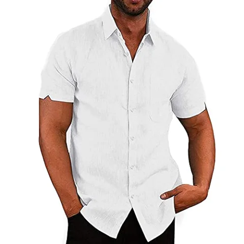 JEKAOYI Men's Cotton-Linen Short Sleeve Shirt in White