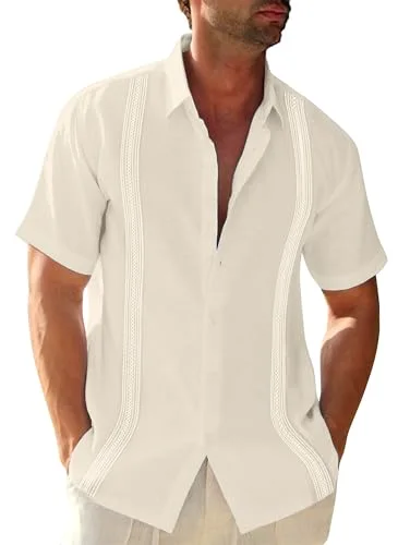 JEKAOYI Men's Cuban Collar Linen Shirt in Beige