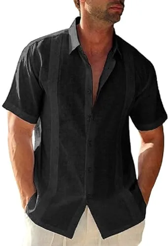 JEKAOYI Men's Cuban Collar Linen Shirt in Black