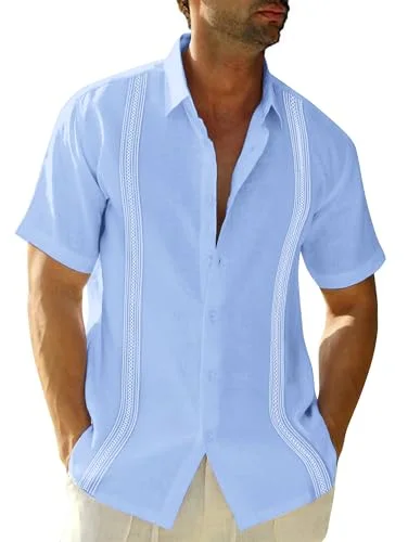 JEKAOYI Men's Cuban Collar Linen Shirt in Blue