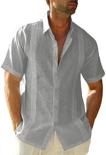 JEKAOYI Men's Cuban Collar Linen Shirt in Grey
