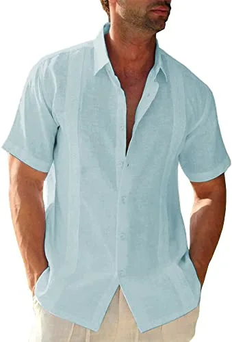 JEKAOYI Men's Cuban Collar Linen Shirt in Mint Blue