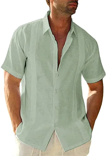 JEKAOYI Men's Cuban Collar Linen Shirt in Mint Green