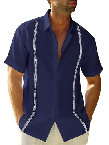 JEKAOYI Men's Cuban Collar Linen Shirt in Navy Blue