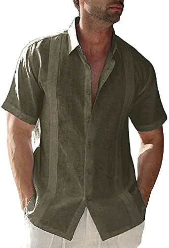 JEKAOYI Men's Cuban Collar Linen Shirt in Olive Green
