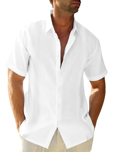 JEKAOYI Men's Cuban Collar Linen Shirt in Pure White