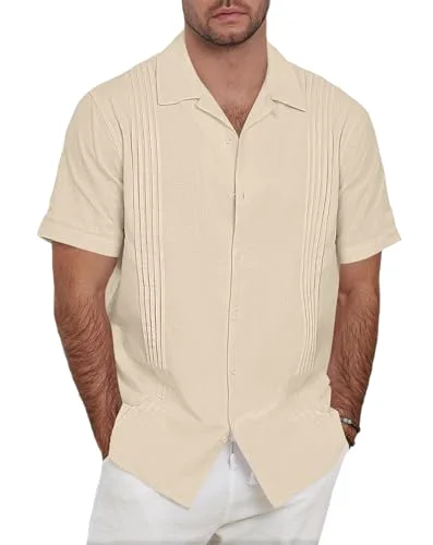 JEKAOYI Men's Guayabera Shirt in Beige