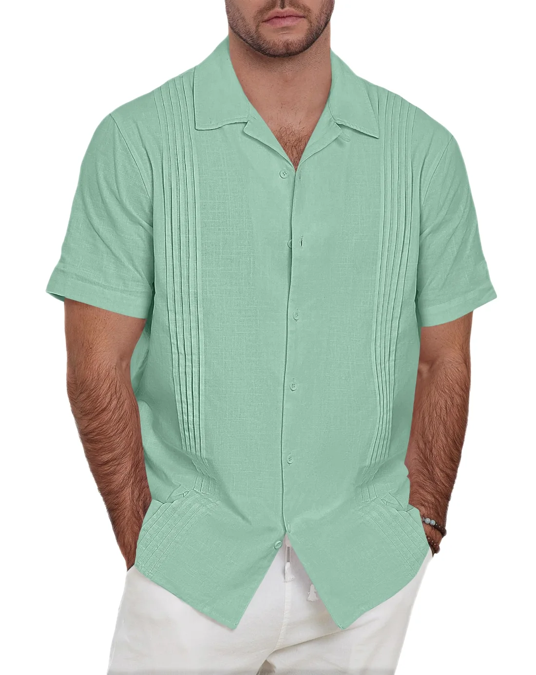 JEKAOYI Men's Guayabera Shirt in Green