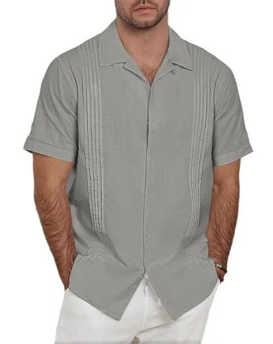 JEKAOYI Men's Guayabera Shirt in Grey