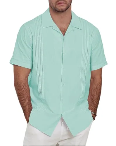 JEKAOYI Men's Guayabera Shirt in Mint Blue