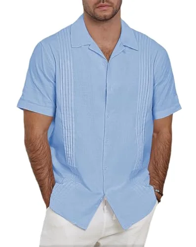 JEKAOYI Men's Guayabera Shirt in Sky Blue