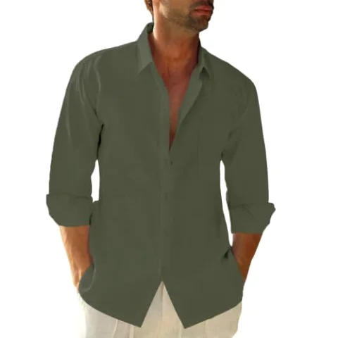 JEKAOYI Men's Long Sleeve Cotton-Linen Shirt in Army Green