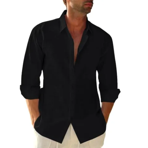 JEKAOYI Men's Long Sleeve Cotton-Linen Shirt in Black