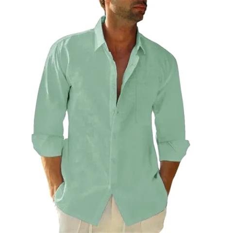 JEKAOYI Men's Long Sleeve Cotton-Linen Shirt in Green