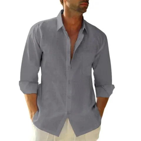 JEKAOYI Men's Long Sleeve Cotton-Linen Shirt in Grey