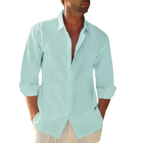 JEKAOYI Men's Long Sleeve Cotton-Linen Shirt in Mint Blue