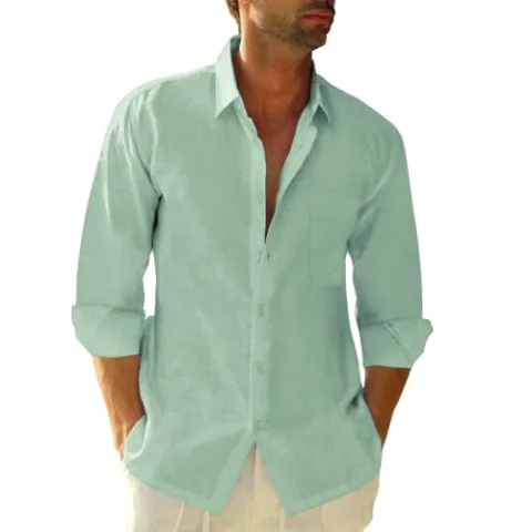 JEKAOYI Men's Long Sleeve Cotton-Linen Shirt in Mint Green