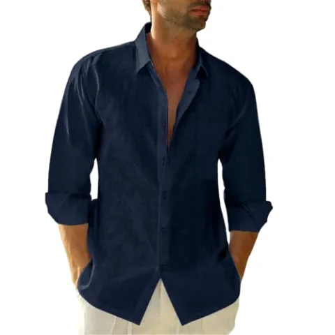 JEKAOYI Men's Long Sleeve Cotton-Linen Shirt in Navy