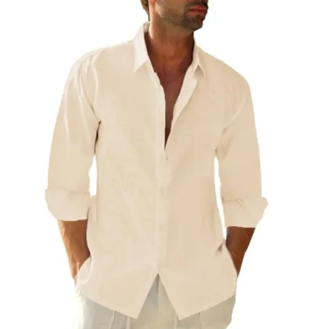 JEKAOYI Men's Long Sleeve Cotton-Linen Shirt in Peach
