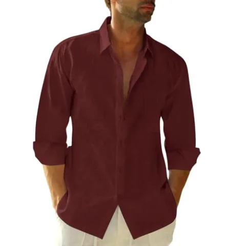 JEKAOYI Men's Long Sleeve Cotton-Linen Shirt in Red Wine