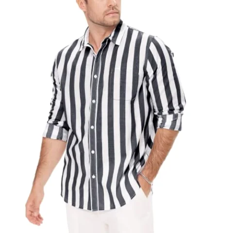 JEKAOYI Men's Long Sleeve Cotton-Linen Shirt in Stripe Grey