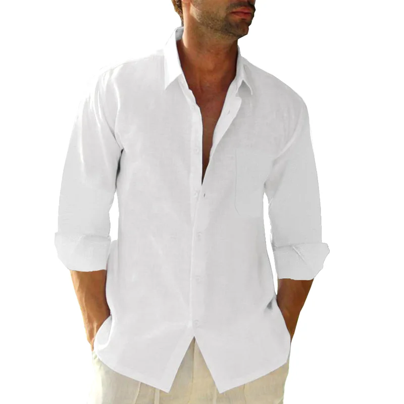 JEKAOYI Men's Long Sleeve Cotton-Linen Shirt in White