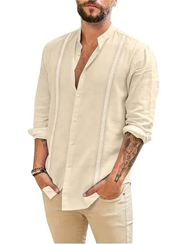 JEKAOYI Men's Mandarin Collar Long Sleeve Shirt in Beige