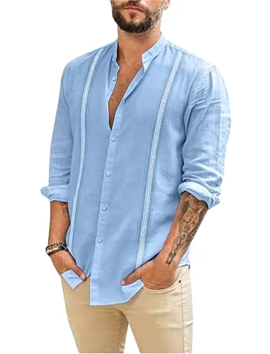 JEKAOYI Men's Mandarin Collar Long Sleeve Shirt in Blue