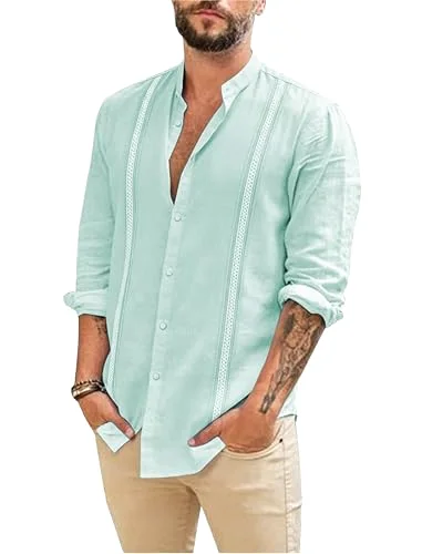JEKAOYI Men's Mandarin Collar Long Sleeve Shirt in Mint Blue