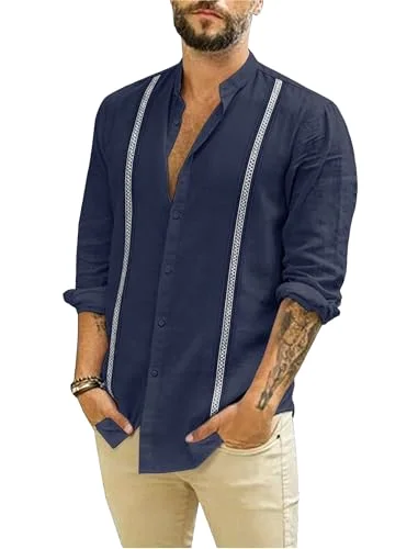 JEKAOYI Men's Mandarin Collar Long Sleeve Shirt in Navy Blue