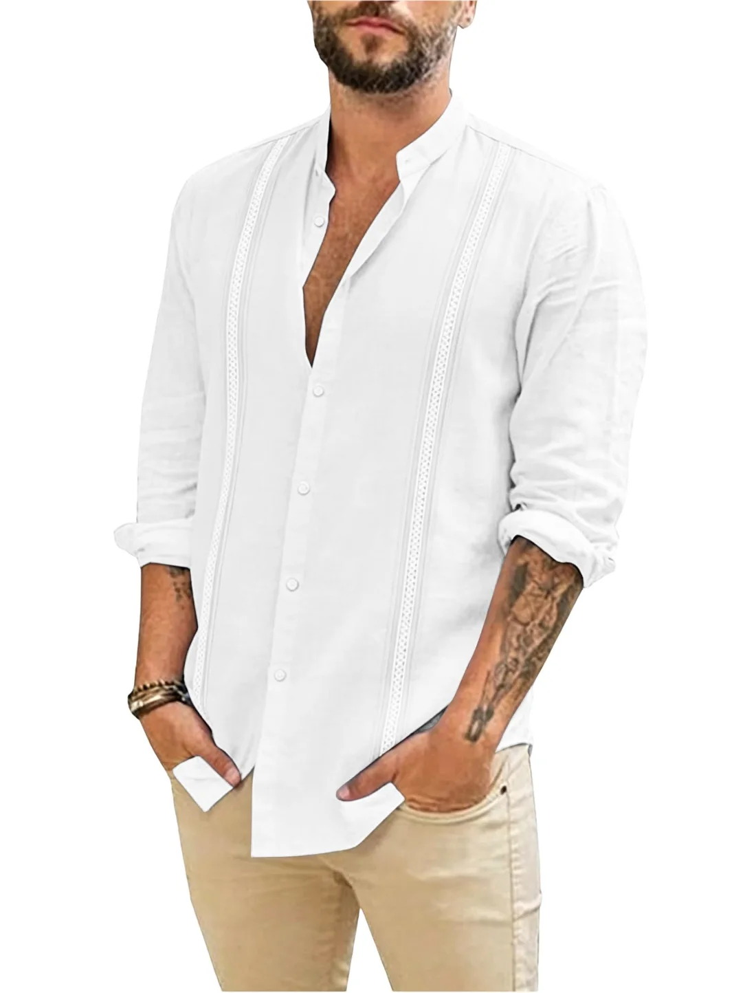 JEKAOYI Men's Mandarin Collar Long Sleeve Shirt in White