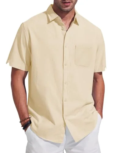 JEKAOYI Men's Patch Pocket Linen Shirt in Apricot
