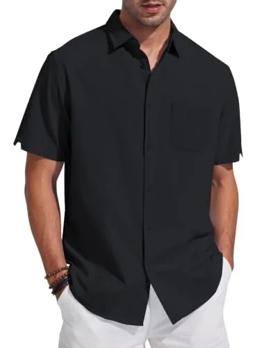 JEKAOYI Men's Patch Pocket Linen Shirt in Black