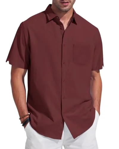 JEKAOYI Men's Patch Pocket Linen Shirt in Burgundy