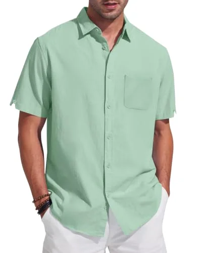 JEKAOYI Men's Patch Pocket Linen Shirt in Green