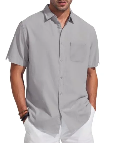 JEKAOYI Men's Patch Pocket Linen Shirt in Grey