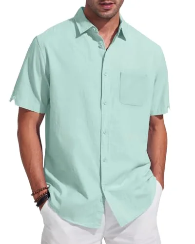 JEKAOYI Men's Patch Pocket Linen Shirt in Mint Blue